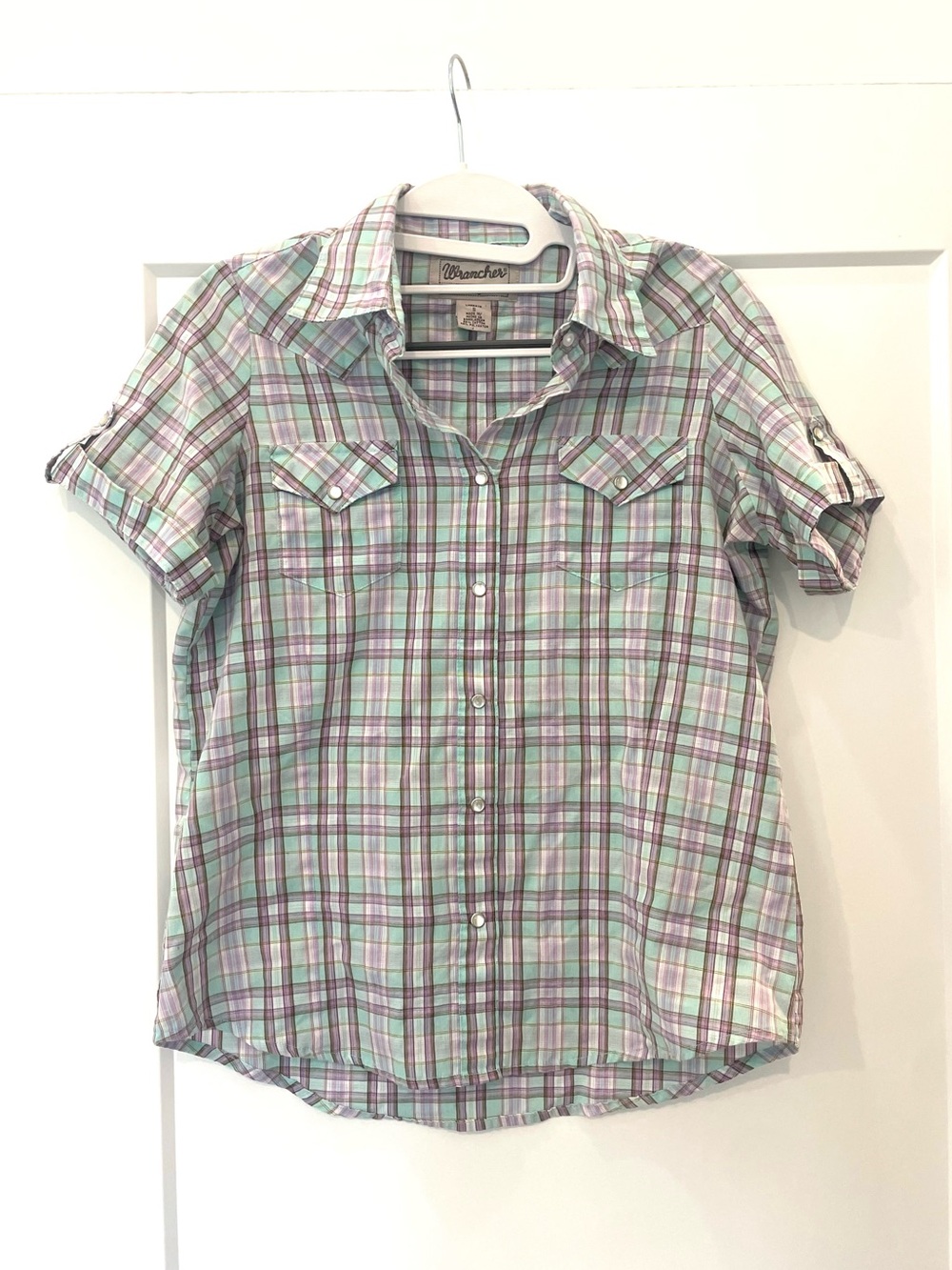 Wrancher by Wrangler Mint & Lavender Plaid Short-Sleeve Button Shirt Small